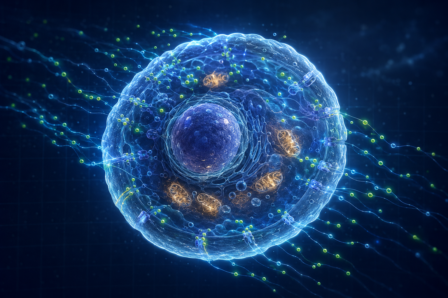 Illustration of a human silhouette connected to a magnified cell showing bioelectric activity